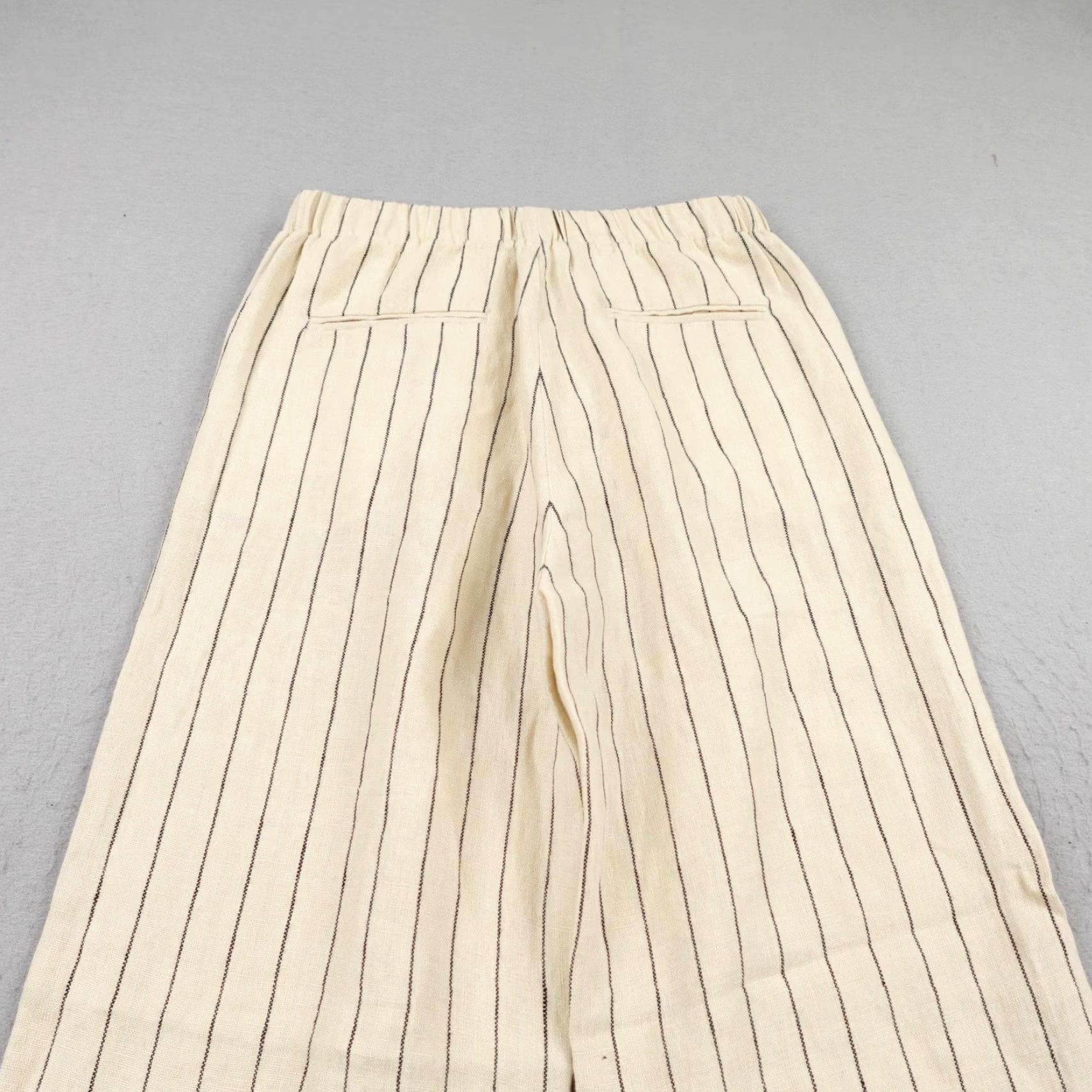 Vintage Pomandère Pants Womens 6 Beige Linen Pinstripe High Rise Wide Leg Baggy Chino Pants, Relaxed, 30 Inseam, Elastic Waist, Pockets, Striped, 0? Size 28" / US 6 / IT 42 - 6 Thumbnail