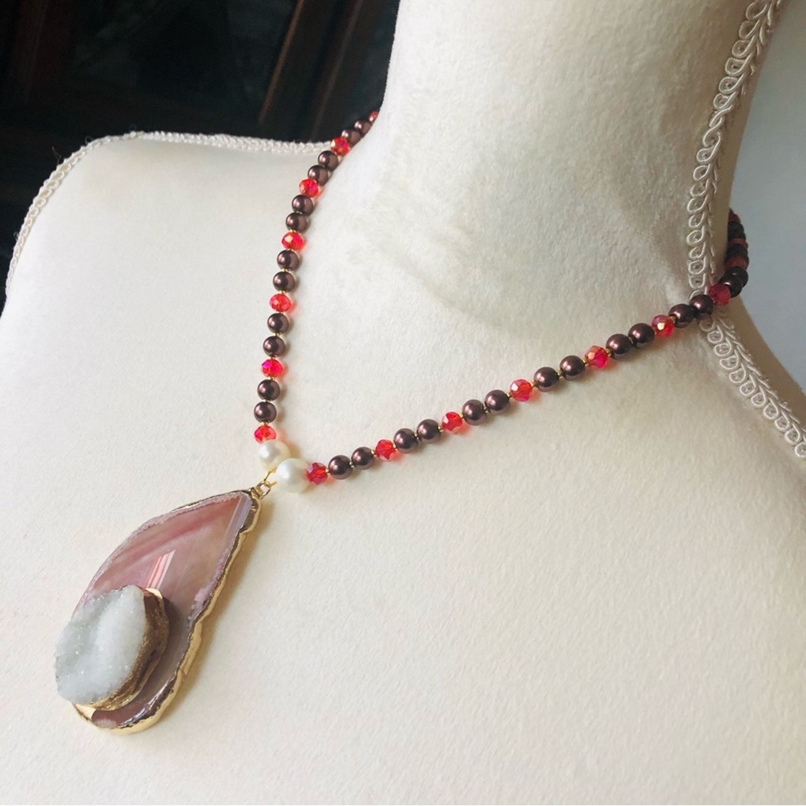 Handmade Handcrafted repurpose drusy agate slab Pearl necklace Size ONE SIZE - 5 Thumbnail