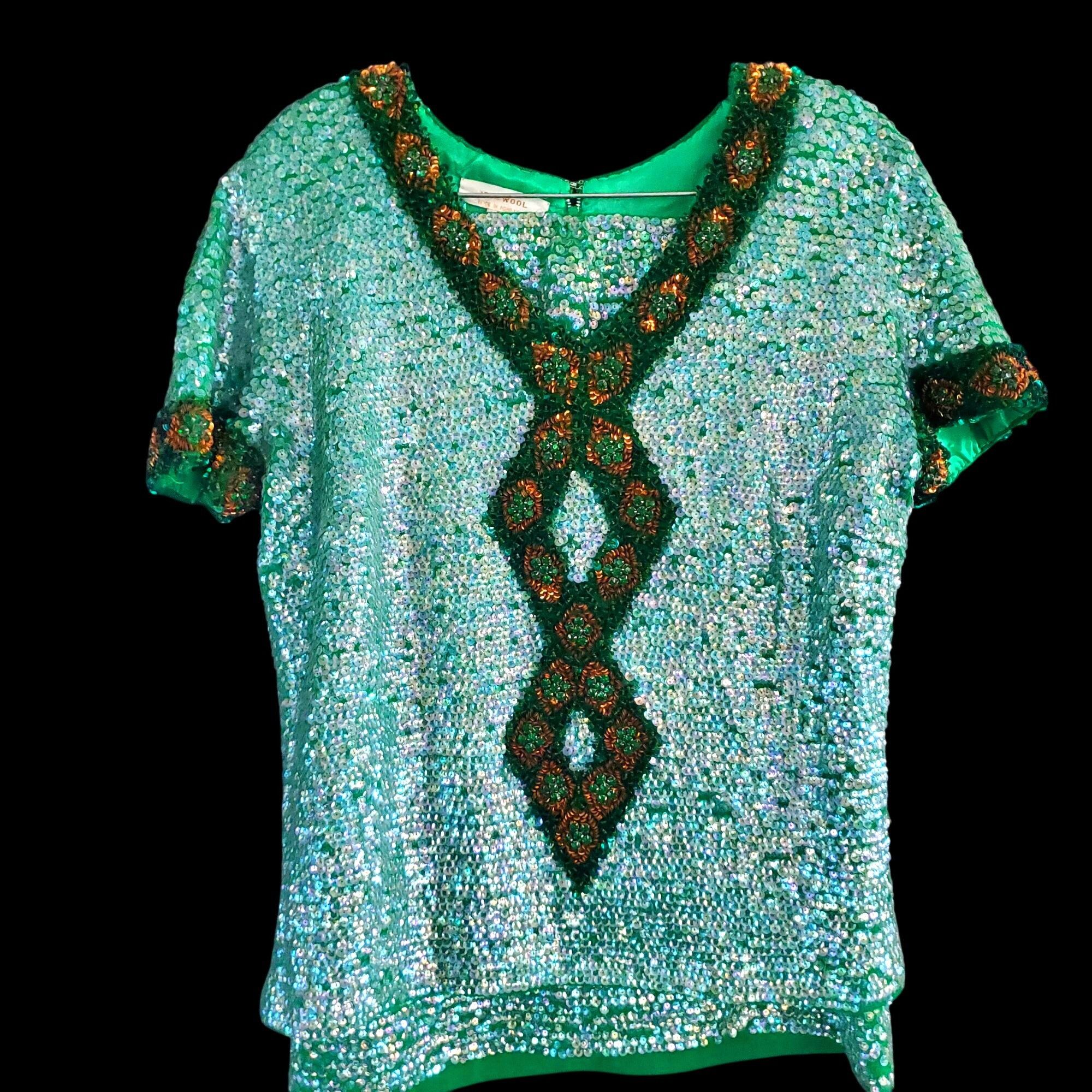 Vintage Vintage Sequin Beaded Green Skirt Set Size L 60s NWOT Cockta Size L / US 10 / IT 46 - 9 Thumbnail