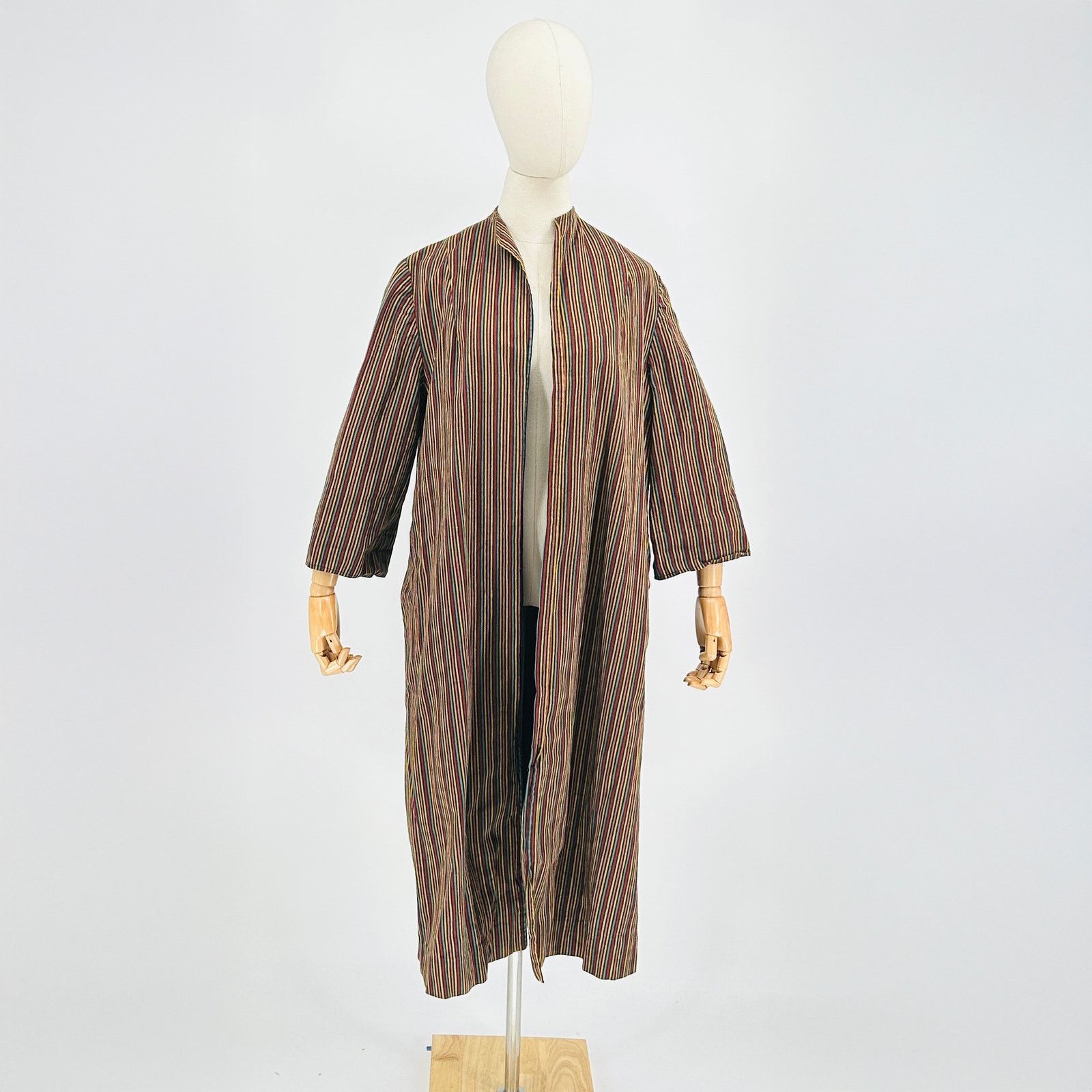 Handmade 80s Handmade Denim Black Rainbow Striped Long Coat Duster Size L / US 10 / IT 46 - 1 Thumbnail