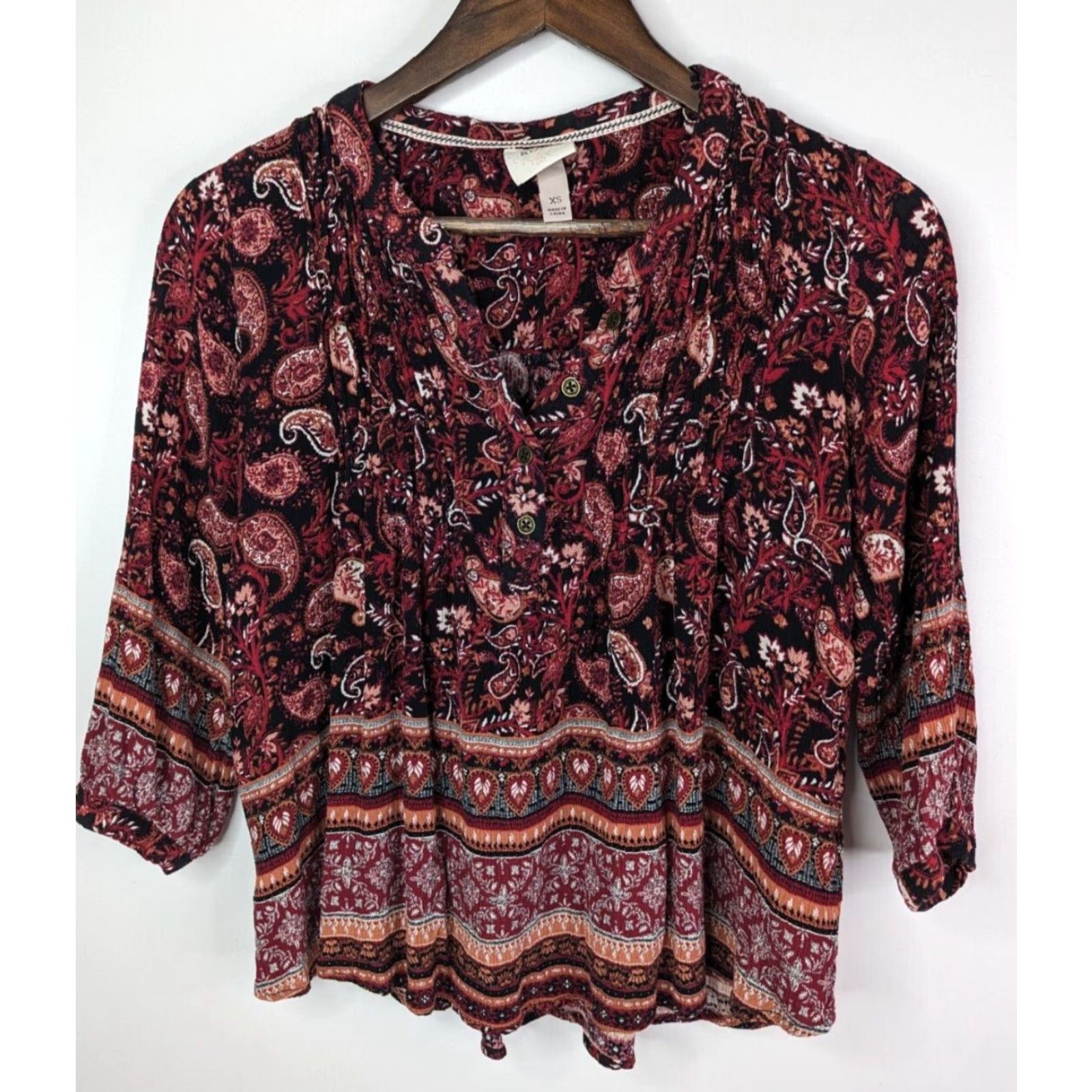 Vintage KNOX ROSE Shirt Womens XS Maroon Paisley Peasant Top Boho Pleat Front Size XS / US 0-2 / IT 36-38 - 2 Thumbnail