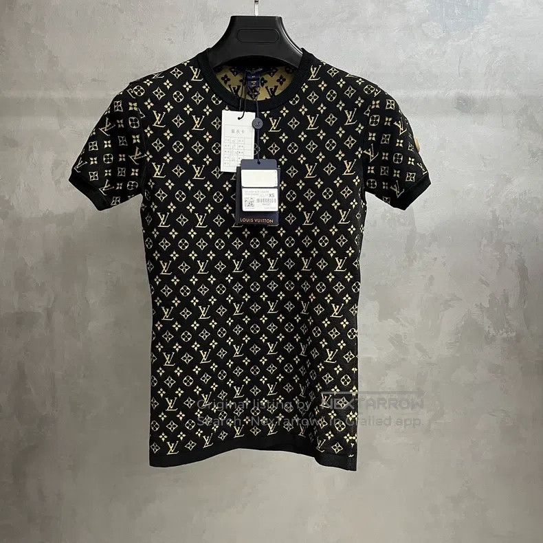 Louis Vuitton Black knit jacquard crew neck midi slim shor