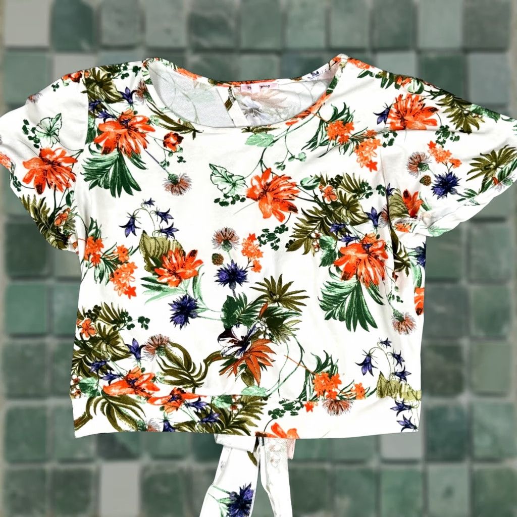 Vintage Pink Peony Floral Cropped Open Back Tie Women's Top Summer Boho T-Shirt Cap Sleeve Short Sleeve Round Neck Womens Size L / US 10 / IT 46 - 1 Thumbnail