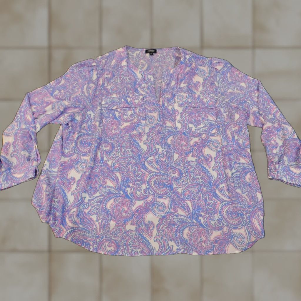 Jones New York Jones New York Blouse 3X Womens Pullover Polyester Purple Geometric Floral Round Neck Long Sleeve Plus Size Classic Lightweight Size XXL / US 16-18 / IT 52-54 - 1 Thumbnail