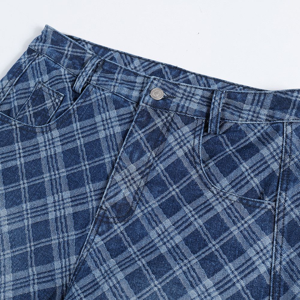 Jean Men's hip-hop distressed wide-leg embroidered plaid jeans Size US 32 / EU 48 - 3 Thumbnail