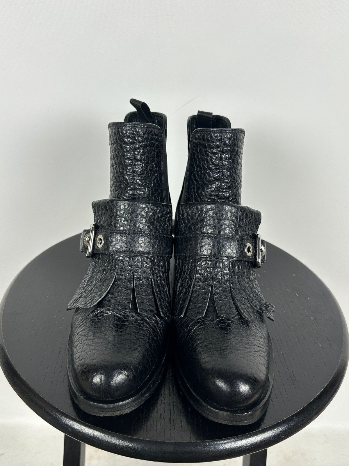 Prada Prada Black Leather Buckle Fringe Chelsea Ankle Boots Size US 6.5 / IT 36.5 - 10 Thumbnail