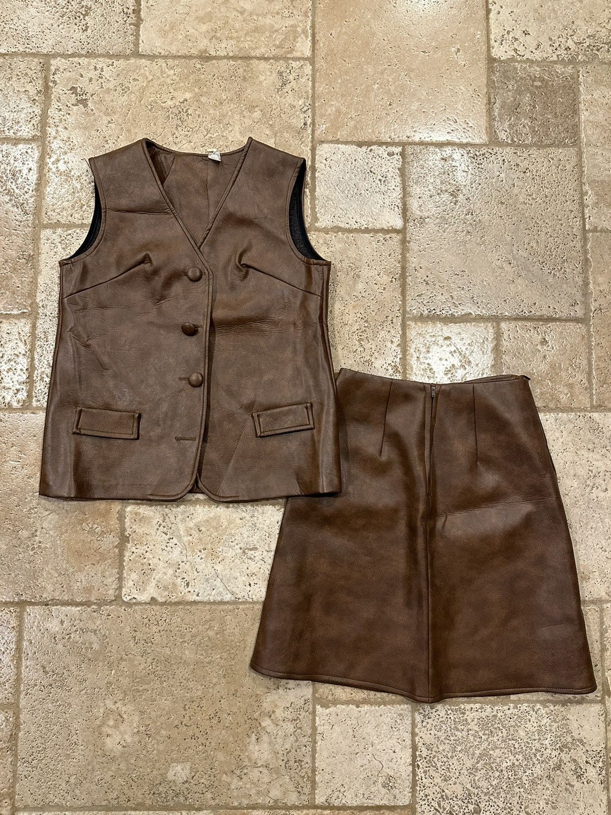 Leather Vintage Union Made Brown Leather Skirt & Vest Size M / US 6-8 / IT 42-44 - 4 Thumbnail