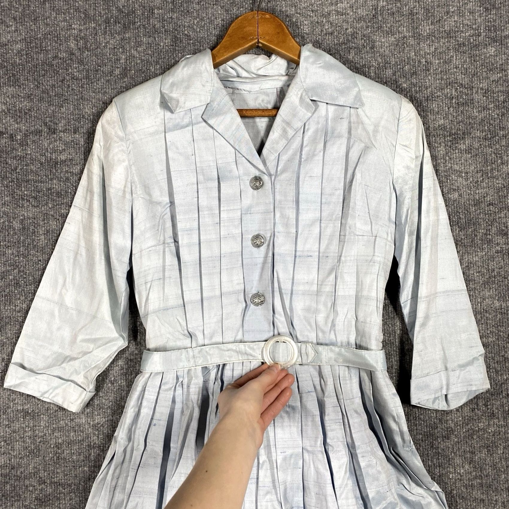 Vintage VINTAGE 1950s Silk Shirt Dress Women Size 12 Light Blue Belt Pleated Rockabilly Blue Shirt Dress Womens Size XL / US 12-14 / IT 48-50 - 2 Thumbnail