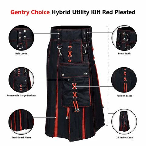 Other Fashion Utility Black Hybrid Kilt with Red Pleats and Lacing Size US 42 / EU 58 - 7 Thumbnail