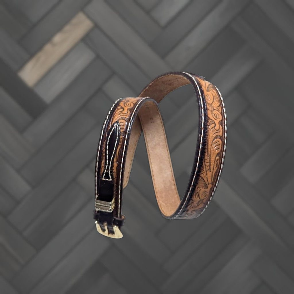 Tony Lama VINTAGE Tony Lama belt Buckle Belt Western Ranger Brown 30 Leather Floral Full Grain Leather USA Made Men Adult Size 30 Buckle Ranger style belt Size 30 - 1 Thumbnail