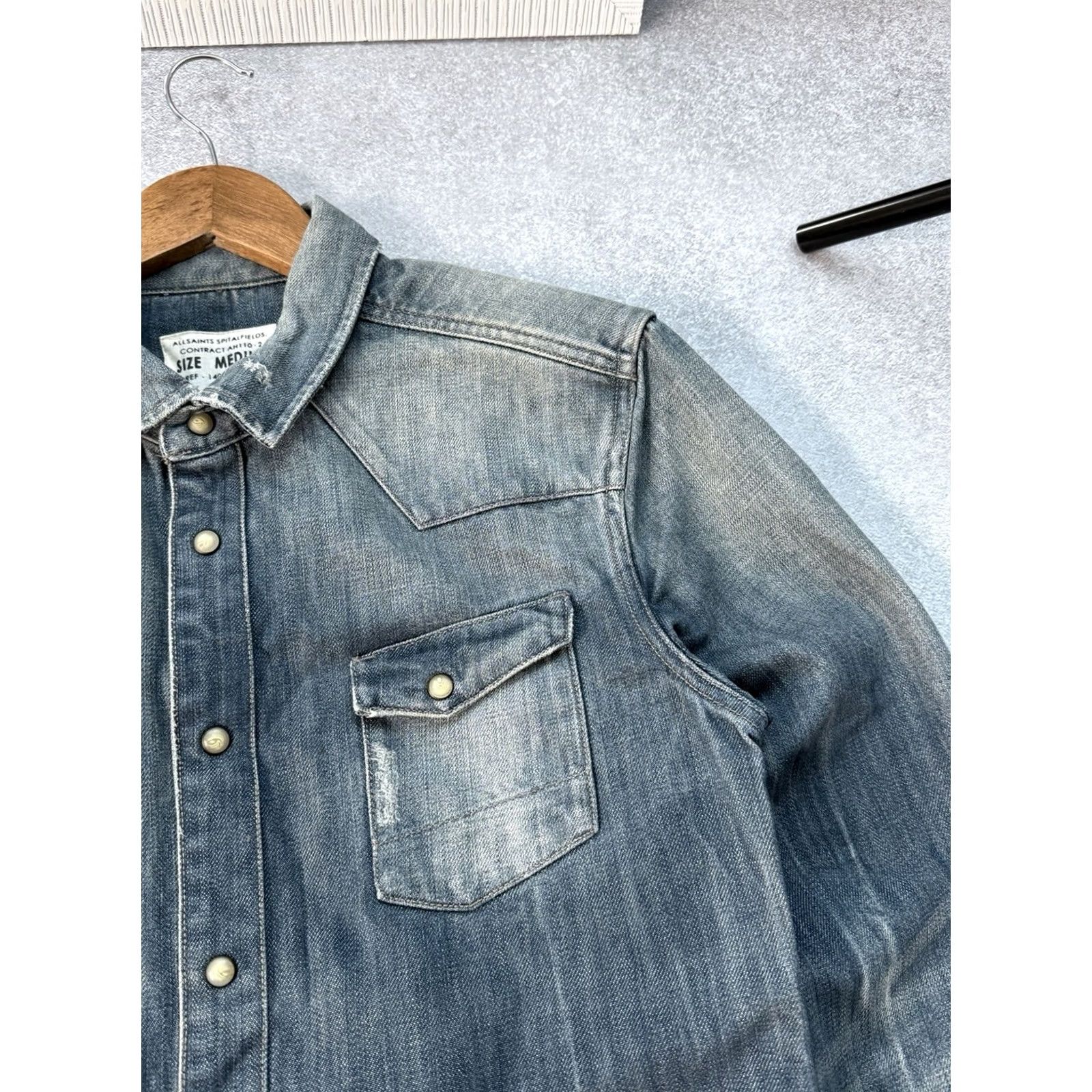 Allsaints AllSaints Denim Shirt Snap Distressed Vintage Blue Button Casual Mens M Blue Denim Y2K Shirt Size US M / EU 48-50 / 2 - 7 Thumbnail