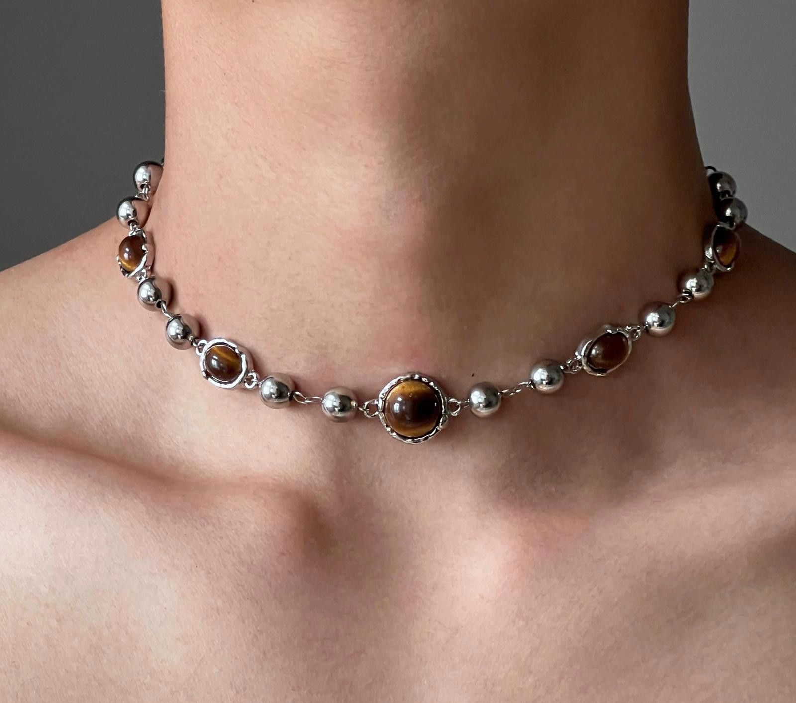 Jewelry Silver Brown Beaded Choker Necklace, Tiger Eye Stone Size ONE SIZE - 4 Thumbnail
