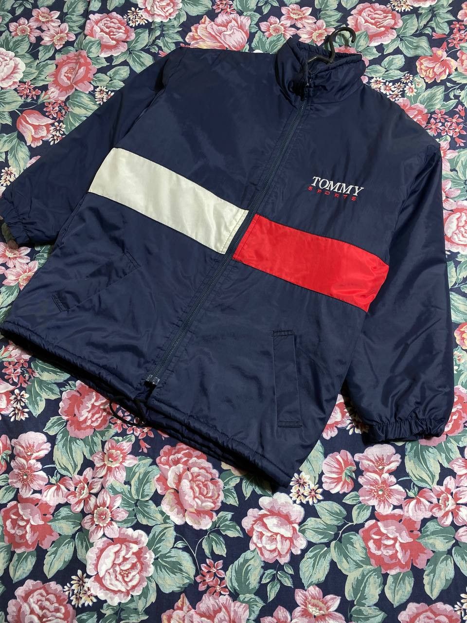 90s Retro outlet Tommy Hilfiger Jacket Coat Spell Out Logo Red Blue Size L Streetwear