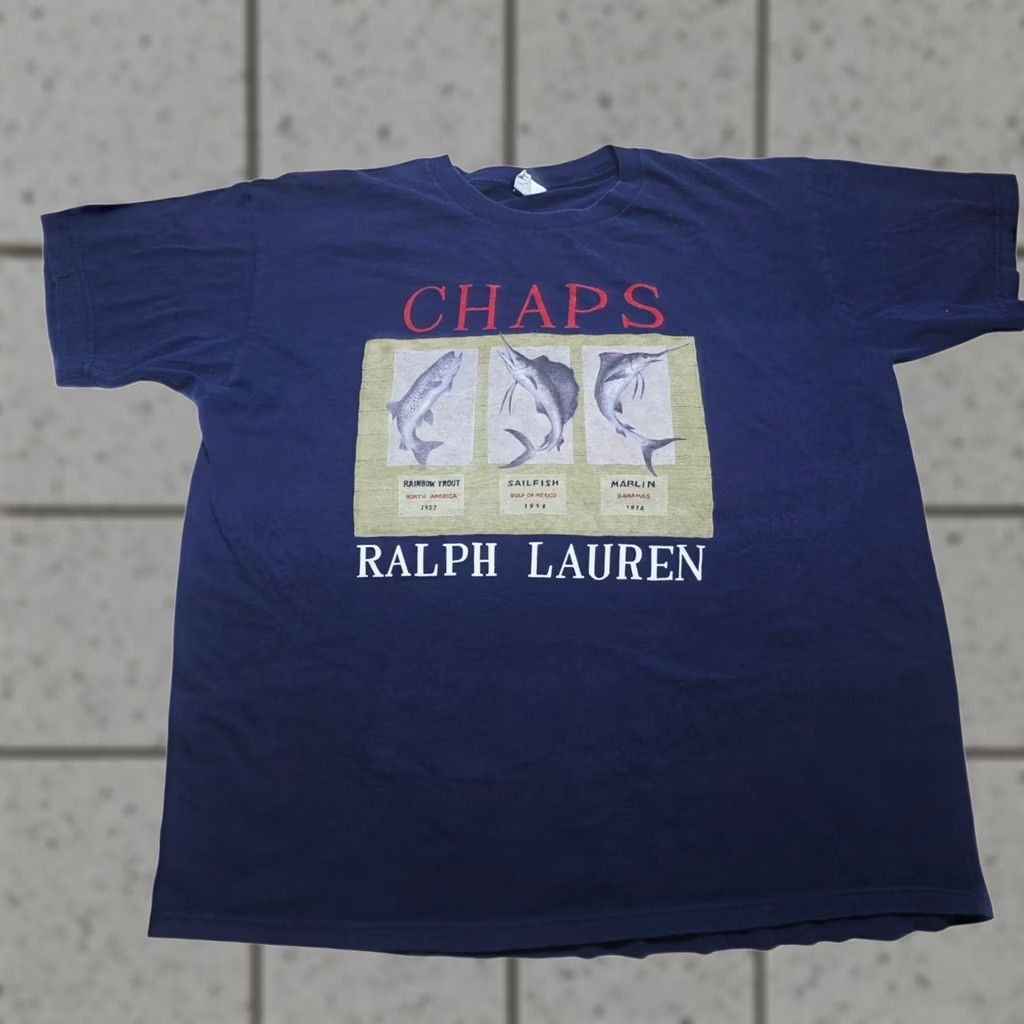Ralph Lauren VINTAGE Ralph Lauren Chaps Fish Graphic T-Shirt Navy XL Mens 90s Sports Logo Crew Neck Short Sleeve Blue 1990s Size US XL / EU 56 / 4 - 1 Thumbnail