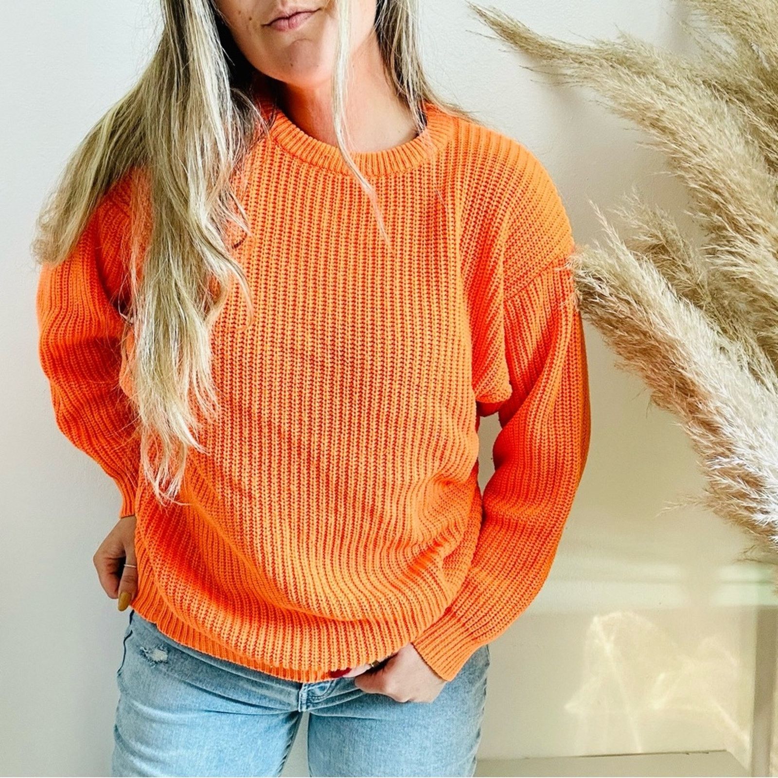 Express EXPRESS Neon Orange Chunky Knit Tunic Pullover Crew Sweater Size M / US 6-8 / IT 42-44 - 6 Thumbnail