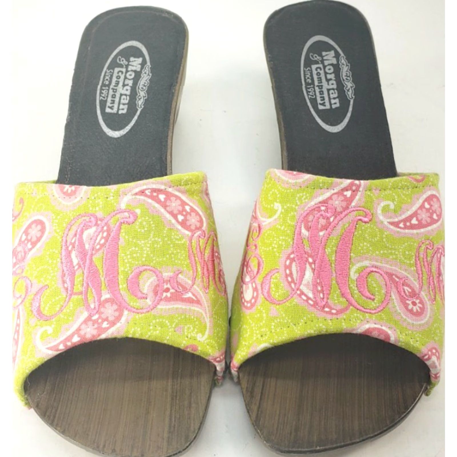 Vintage Morgan & Company Pink Chartreuse Paisley Women’s Sandal Slide Kitten Heel 8M Size US 8 / IT 38 - 3 Thumbnail