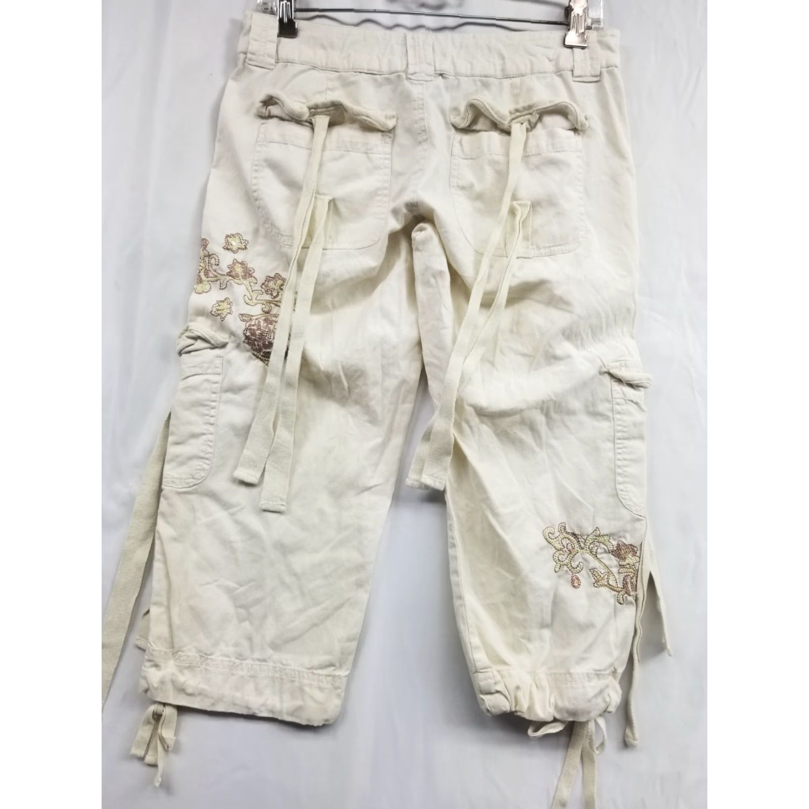 Vintage Cream Squeeze Jeans Cargo Pants Wide Leg Embroidered 7/8 Women's Size 7/8 Cream Size 28" / US 6 / IT 42 - 2 Thumbnail