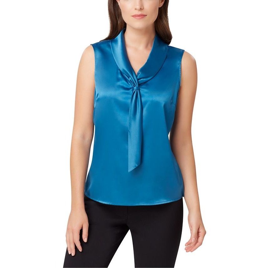 Elie Tahari TAHARI Womens Separate Blue Tie-Neck Sleeveless Blouse PS Size S / US 4 / IT 40 - 1 Thumbnail
