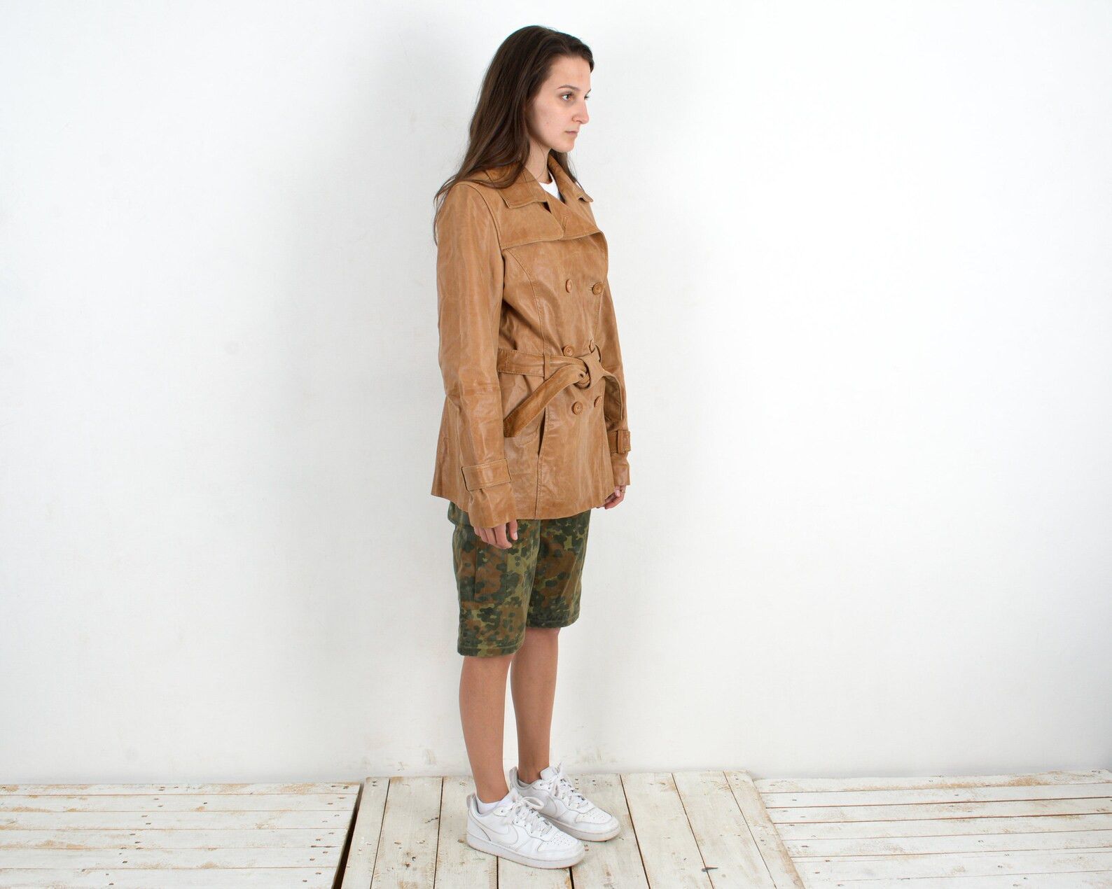 Vintage Reflex Women's Tan M Leather Coat Trench Belted Jacket mac Size M / US 6-8 / IT 42-44 - 2 Thumbnail