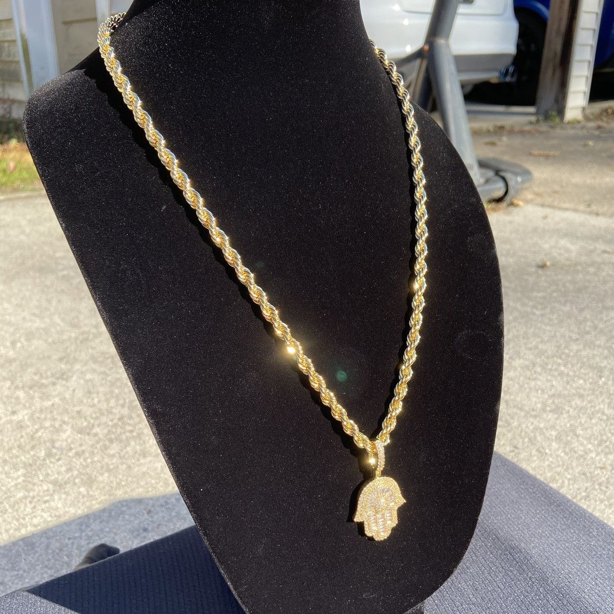 Jewelry Gold Chain Rope Chain Necklace 24in 6mm and Hamsa Hand Charm Size ONE SIZE - 2 Thumbnail