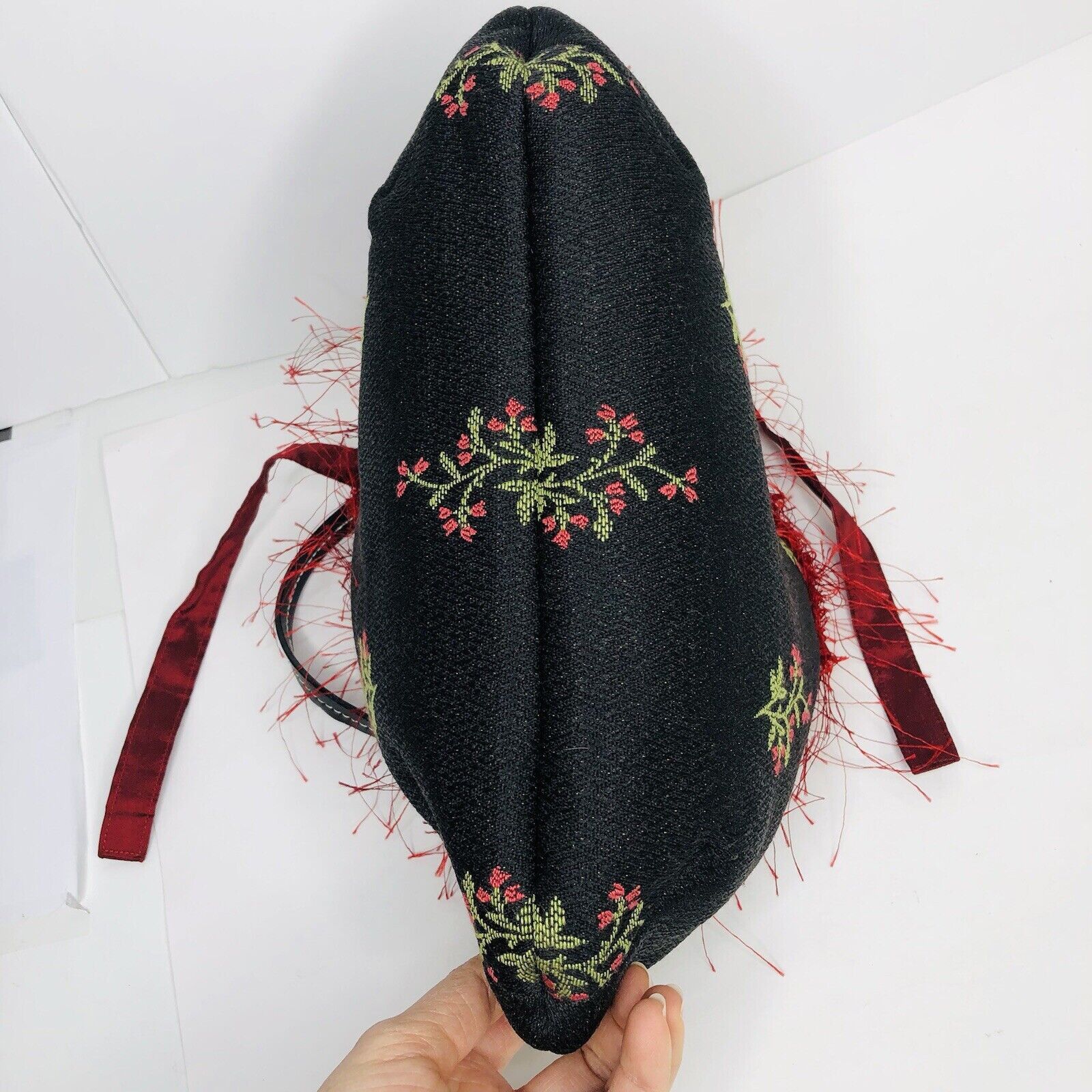 Other Vtg 80s AcScents Tapestry Black Floral Bag Red Fringe Size ONE SIZE - 11 Thumbnail