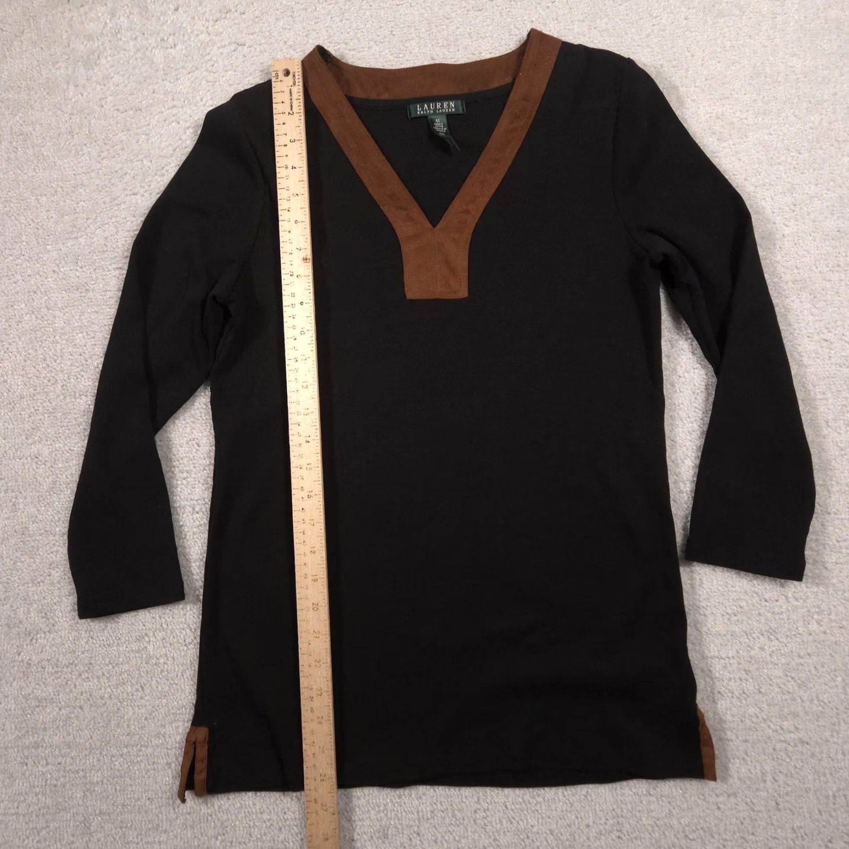 Ralph Lauren VINTAGE? No. Lauren Ralph Lauren Shirt Womens Medium Black Suede Trim 3/4 Sleeve Tunic Top Size M / US 6-8 / IT 42-44 - 6 Thumbnail