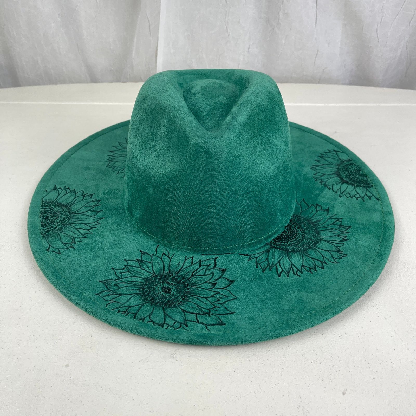 Handmade Green Faux Suede Wide Flat Brim Hat Sunflowers ADJUSTABLE SZ Size ONE SIZE - 14 Thumbnail