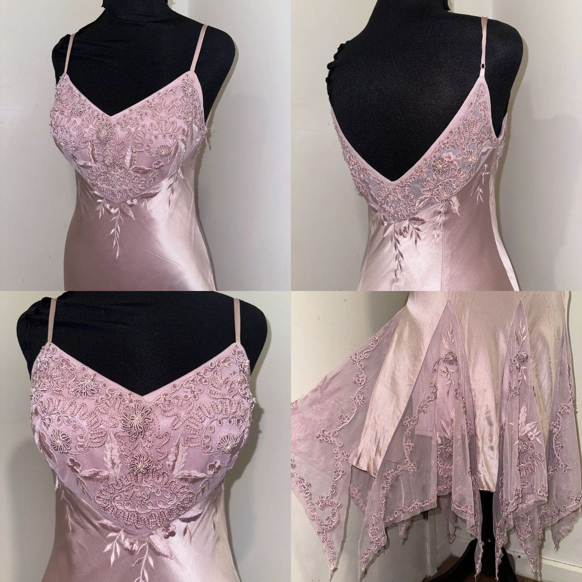Authentic 2000s Sue Wong Embroidered Pink Silk Slip Dress