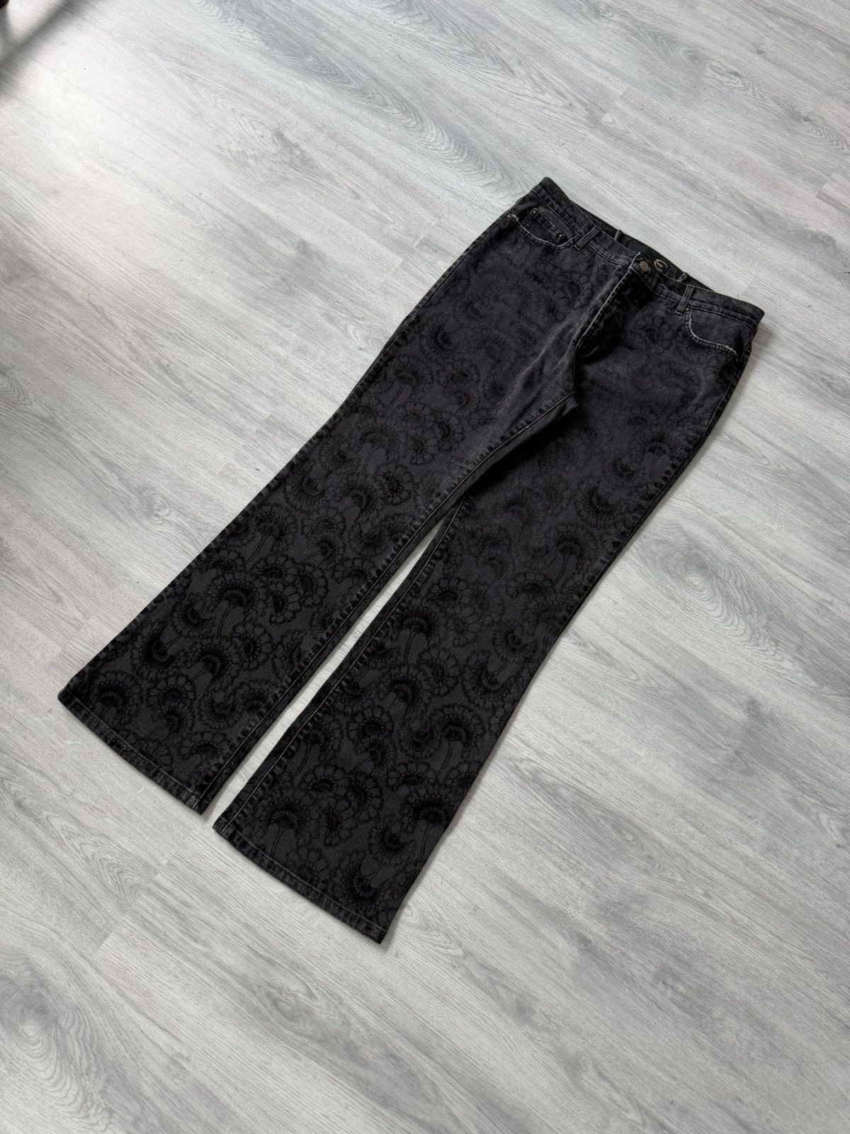 Roberto Cavalli Roberto Cavalli 2000s Black Flared Floral Printed Denim Jean Size US 33 - 5 Thumbnail