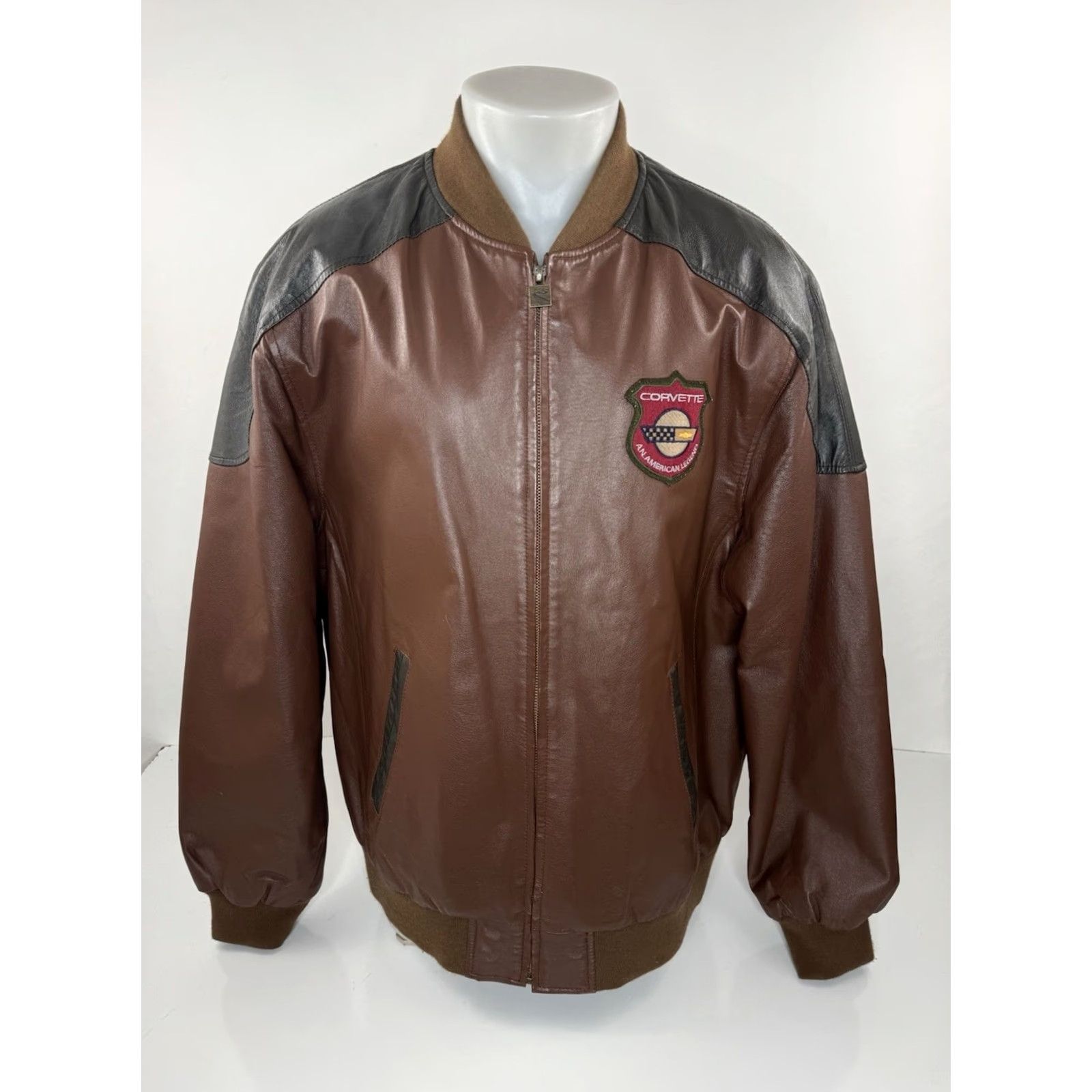 Vintage CORVETTE - The Legend Continues LEATHER Mens XL TALL Bomber Jacket Shirt Jacket Mens XL Brown Leather Bomber Jacket 80s 90s Vintage Mens Size US XL / EU 56 / 4 - 2 Thumbnail