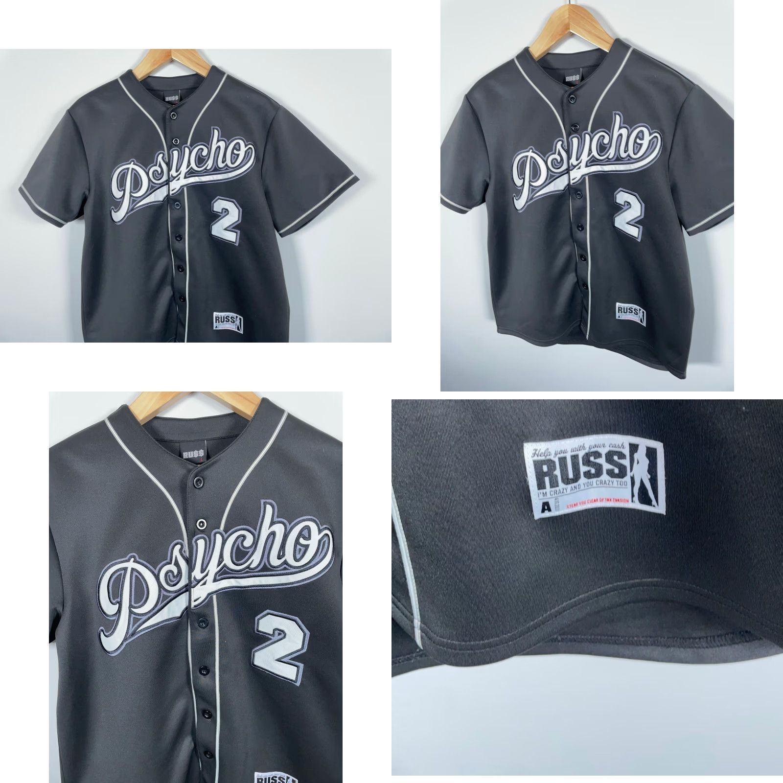 Vintage VINTAGE Russ Psycho Baseball Jersey Mens Large Black Script Embroidered 2021 Hip Hop Retro Baseball Jersey Size US L / EU 52-54 / 3 - 8 Thumbnail