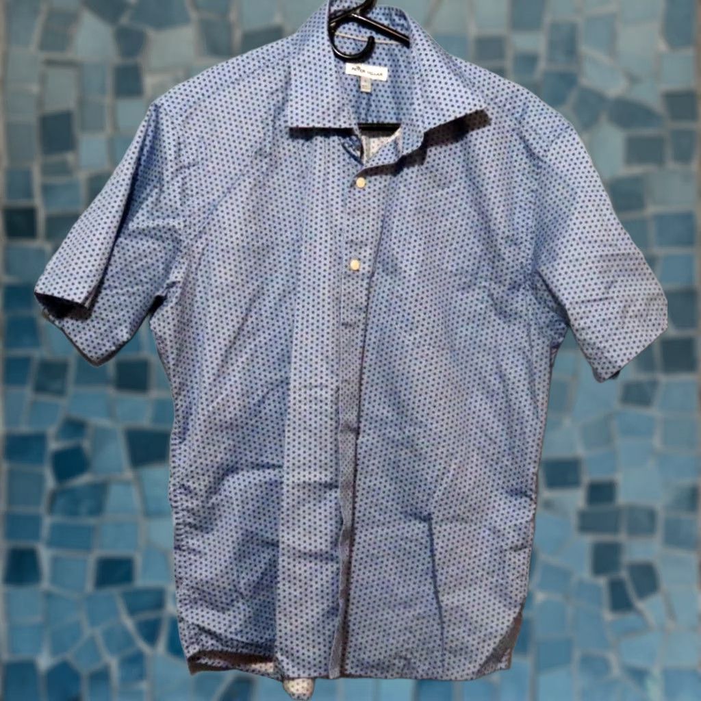 Peter Millar Peter Millar Shirt Button-Up Short Sleeve Mens L Blue Starburst Geometric Pocket Lightweight Casual Travel Cotton Size US L / EU 52-54 / 3 - 1 Thumbnail