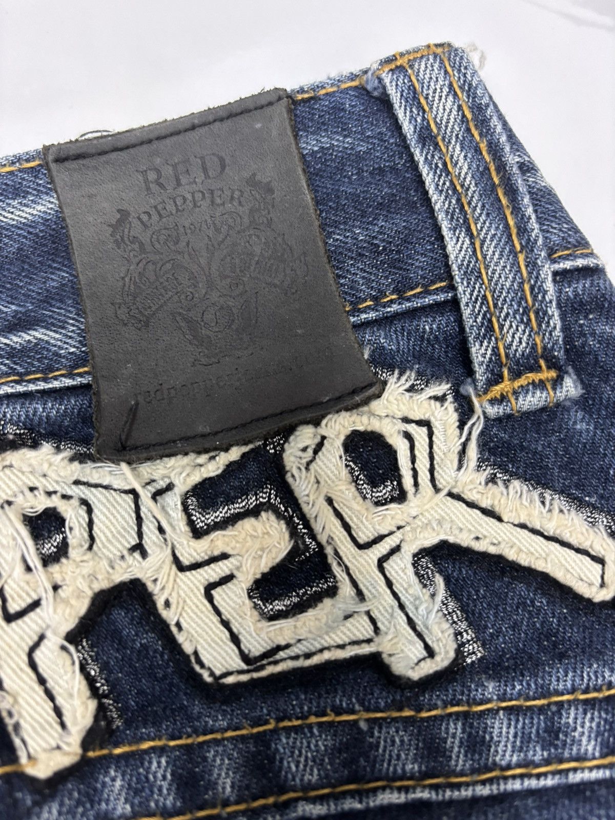 Tornado Mart 🔥RED PEPPER ☮️ EMBROIDERY FLARED JEANS DISTRESSED DENIM Size US 33 - 15 Thumbnail