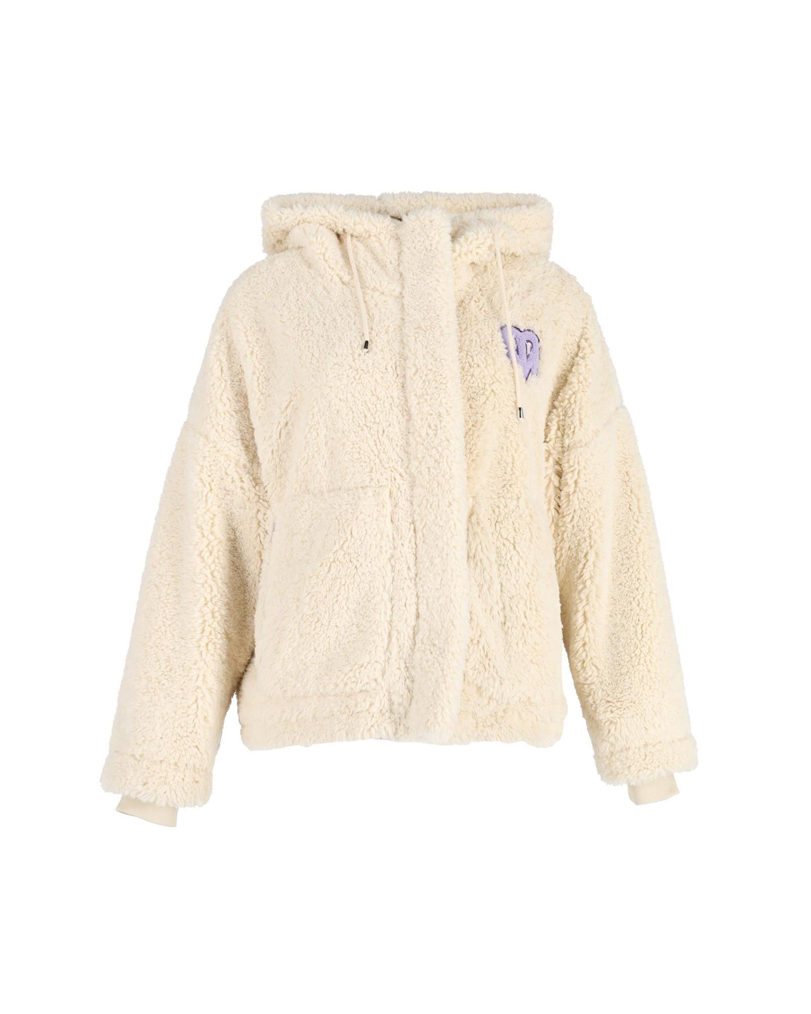 image of Maje Luxurious Cream Faux Fur Hooded Jacket With Oversized Hood And Long Sleeves in White/Cream, Wo