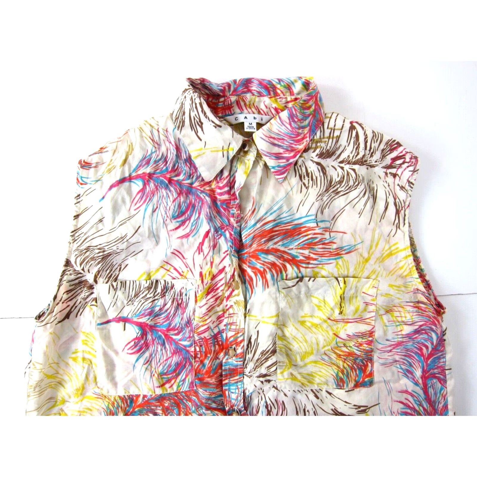 Vintage CAbi 100% Silk Ivory Pink Orange Floral Button Down Collar Sleeveless Blouse M Womens Blouse Size M / US 6-8 / IT 42-44 - 4 Thumbnail