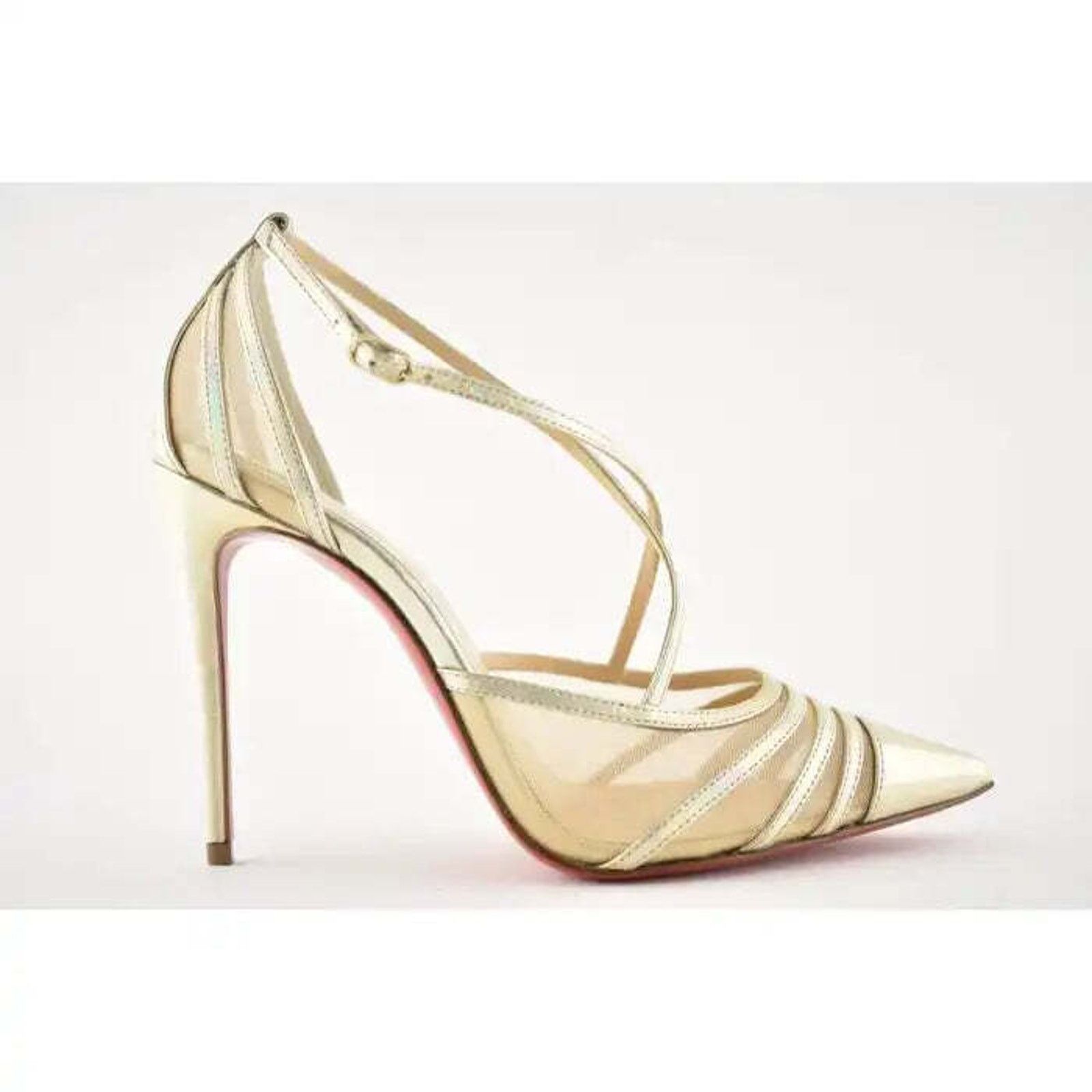 Christian Louboutin Theodorella 100 Platine Gold Mesh Ankle Strap Heel Pump 37 Size US 7 / IT 37 - 2 Thumbnail