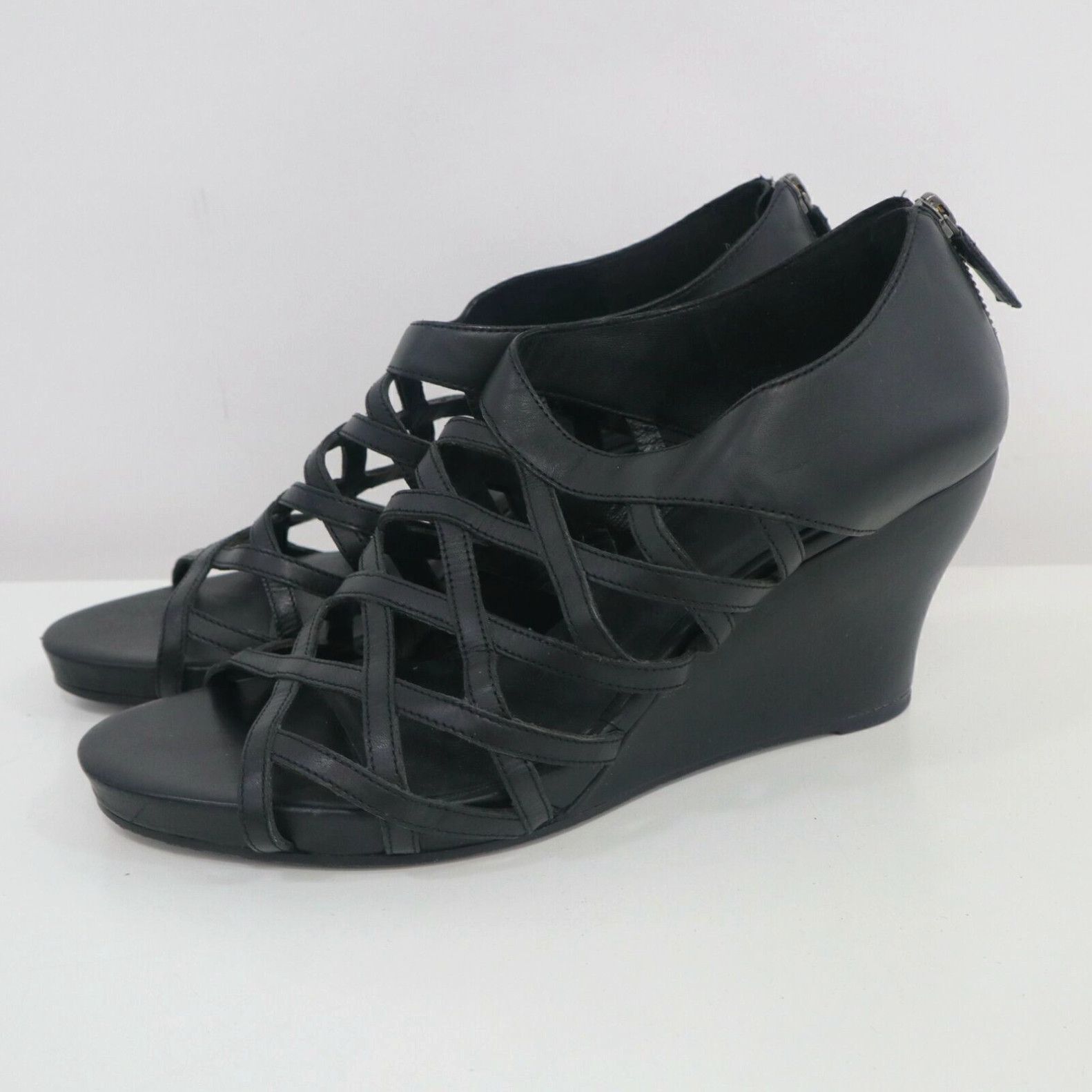 image of Eileen Fisher Wedge Sandal Womens 10 Caged Lattice Back Zip Black Leather $260 in White