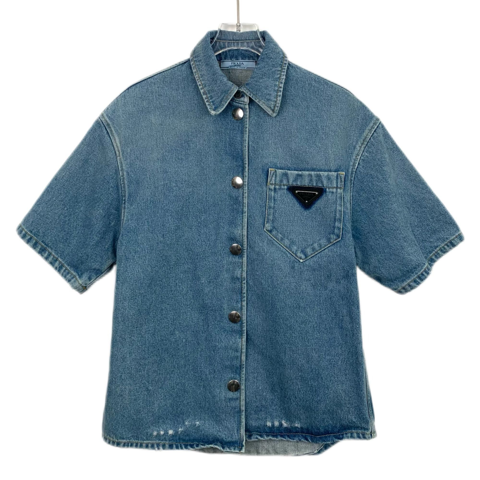 Prada Prada Womens Short-Sleeve Denim Button-Up Shirt With Chest P Size XS / US 0-2 / IT 36-38 - 1 Thumbnail