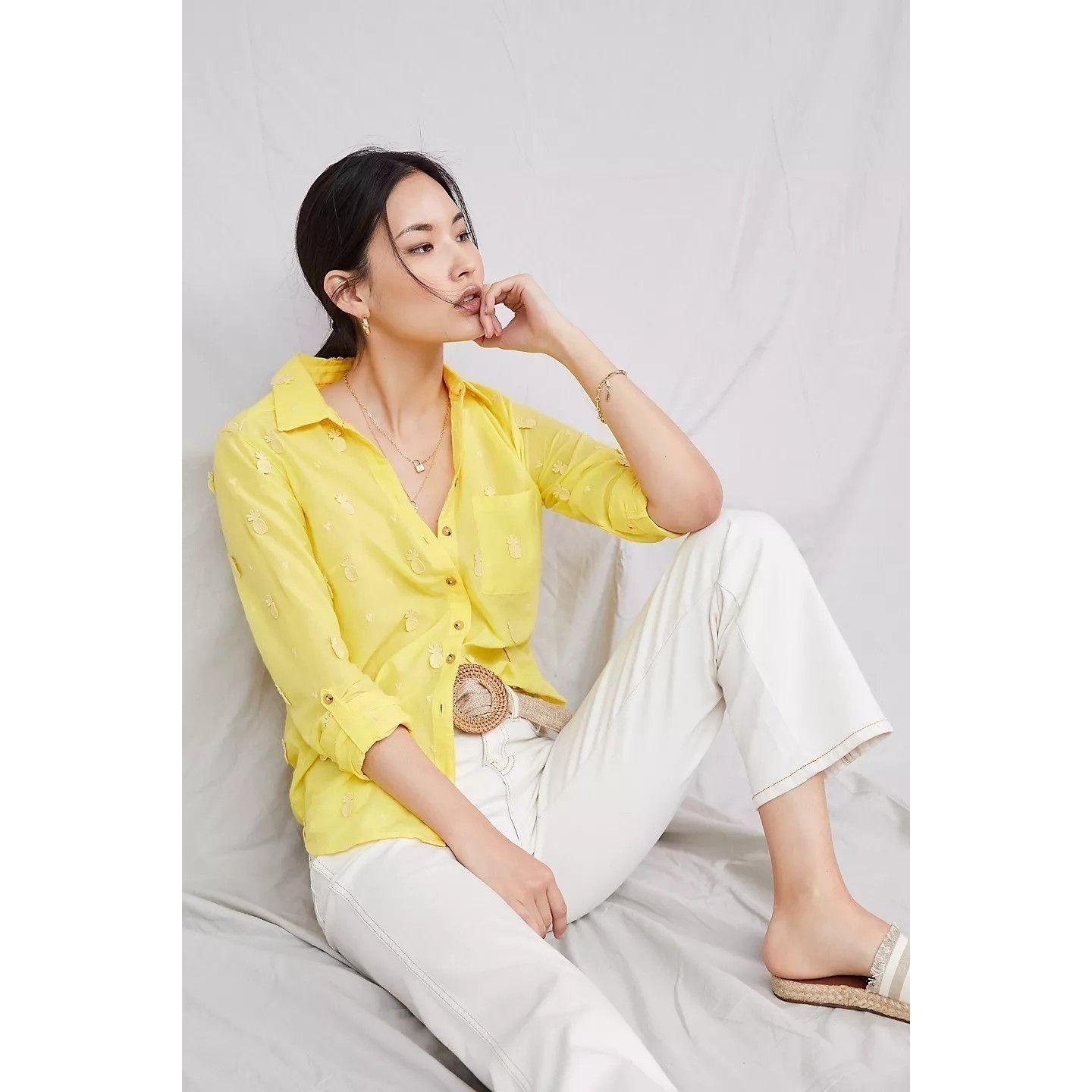 Anthropologie Maeve Yellow Whimsical Pineapple Embroidery Button-Down Shir Size XS / US 0-2 / IT 36-38 - 2 Thumbnail