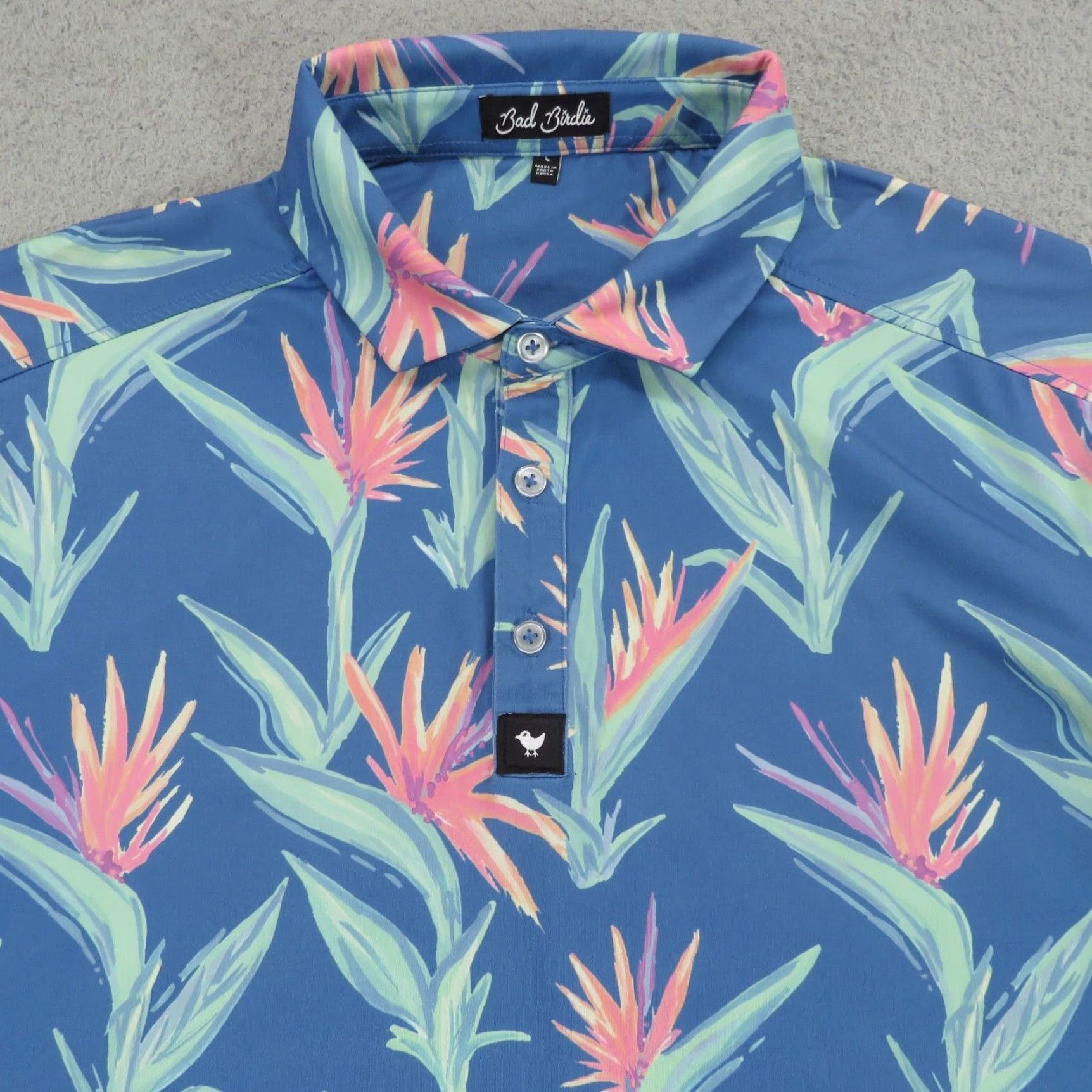 Vintage Bad Birdie Polo Mens Large Blue Green Flower All Over Print AOP Performance Golf Polo Shirt Size US L / EU 52-54 / 3 - 2 Thumbnail