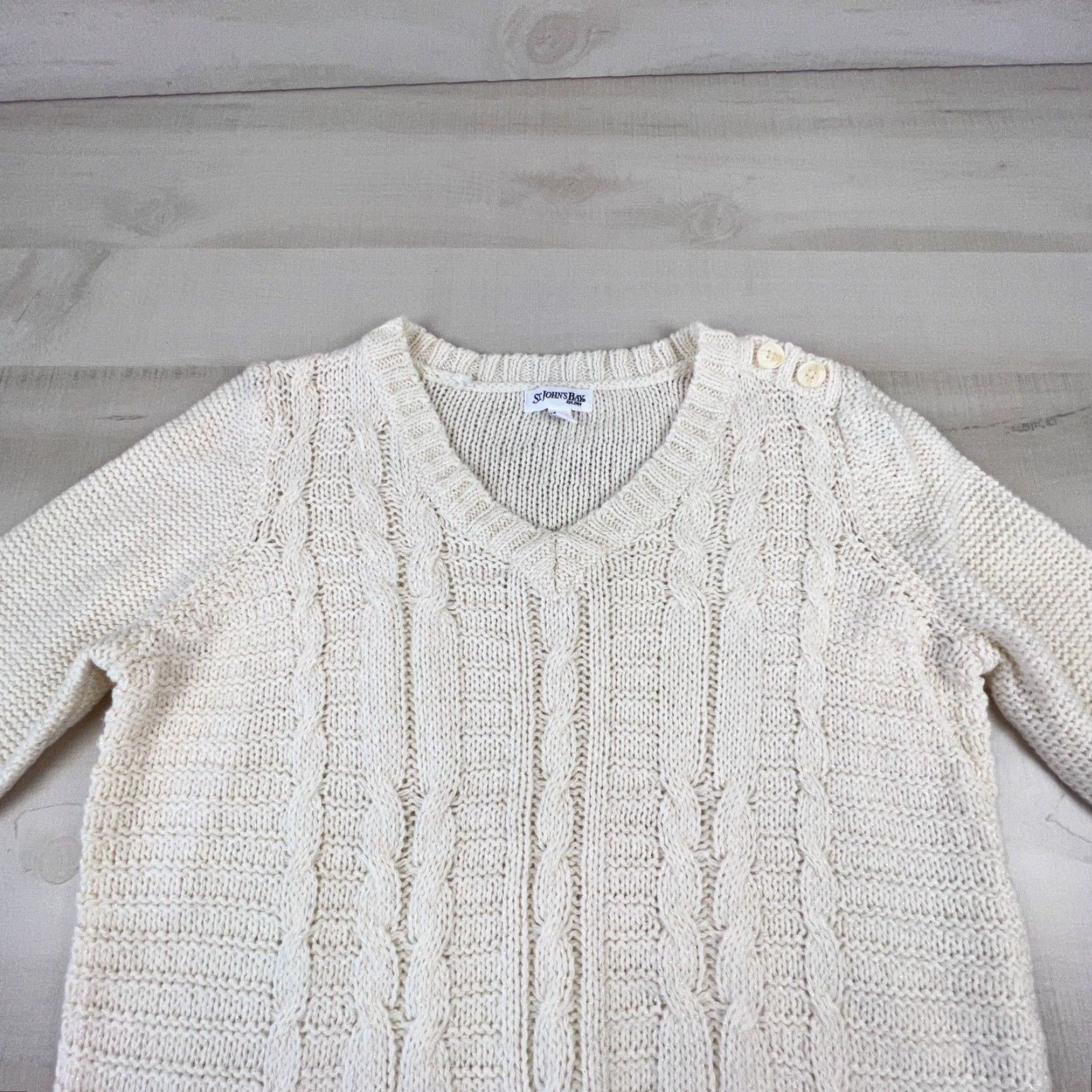 Vintage St Johns Bay Womens XL Extra Large Cream Pullover V Neck Wool Blend Cable Knit Sweater Size XL / US 12-14 / IT 48-50 - 2 Thumbnail