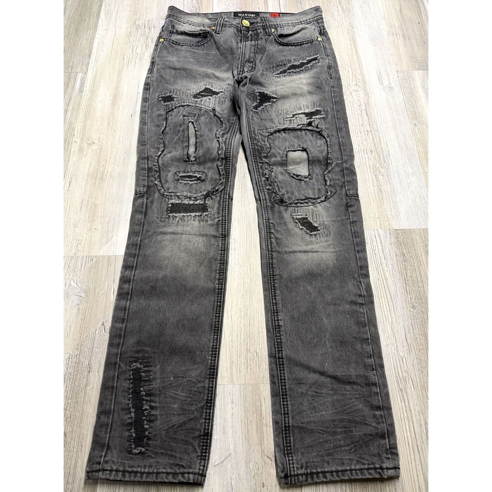 Denime MAKOBI Jeans Mens 32x32 Black Distressed Fade Slim Denim Designer City Size US 32 / EU 48 - 2 Thumbnail