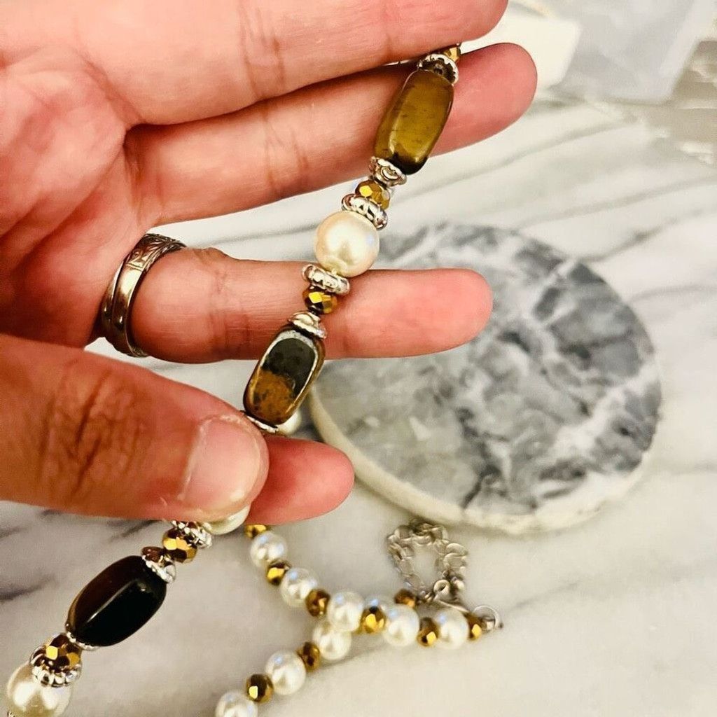 Jewelry Tigers Eye Stone and Simulated Pearl Necklace Beaded Size ONE SIZE - 5 Thumbnail