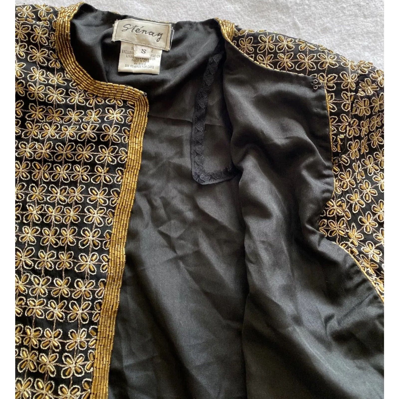 VINTAGE Stenay Silk Beaded Jacket Women Small Gold 1980s Eveningwear Formal