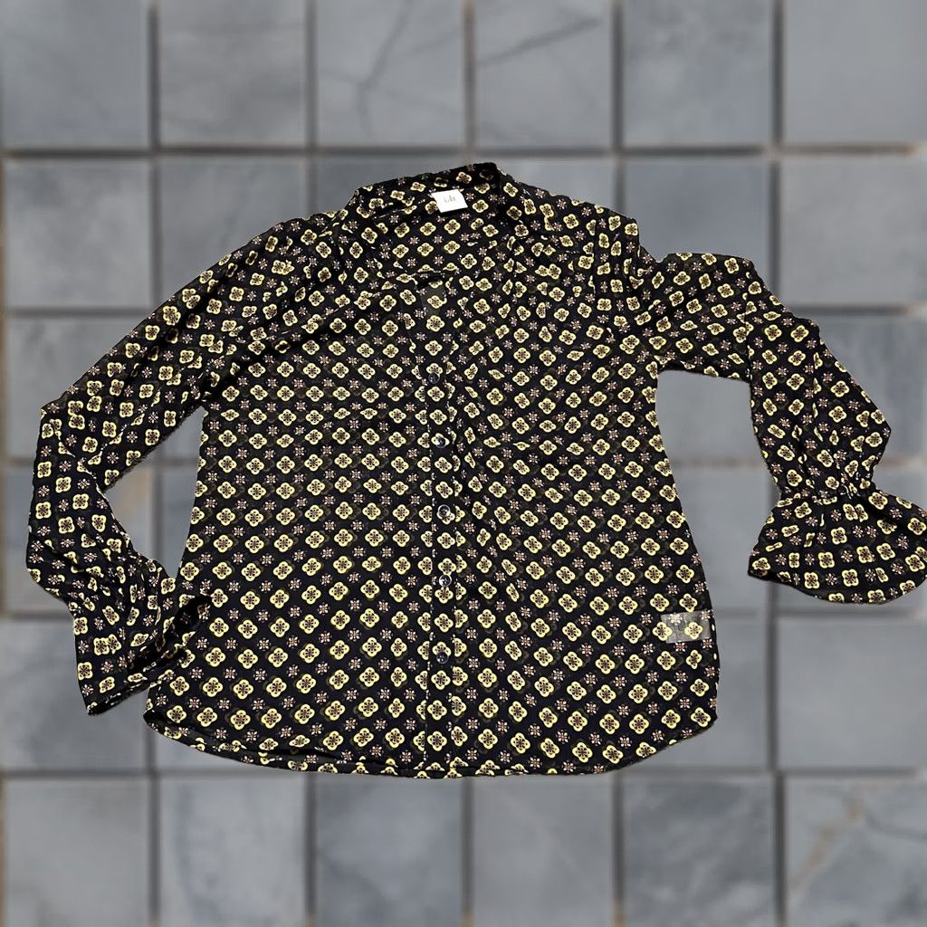 Vintage CAbi Shirt Blouse Womens Small Blue Mosaic Sheer Long Sleeve Ruffle Cuff 3772 Size S / US 4 / IT 40 - 1 Thumbnail