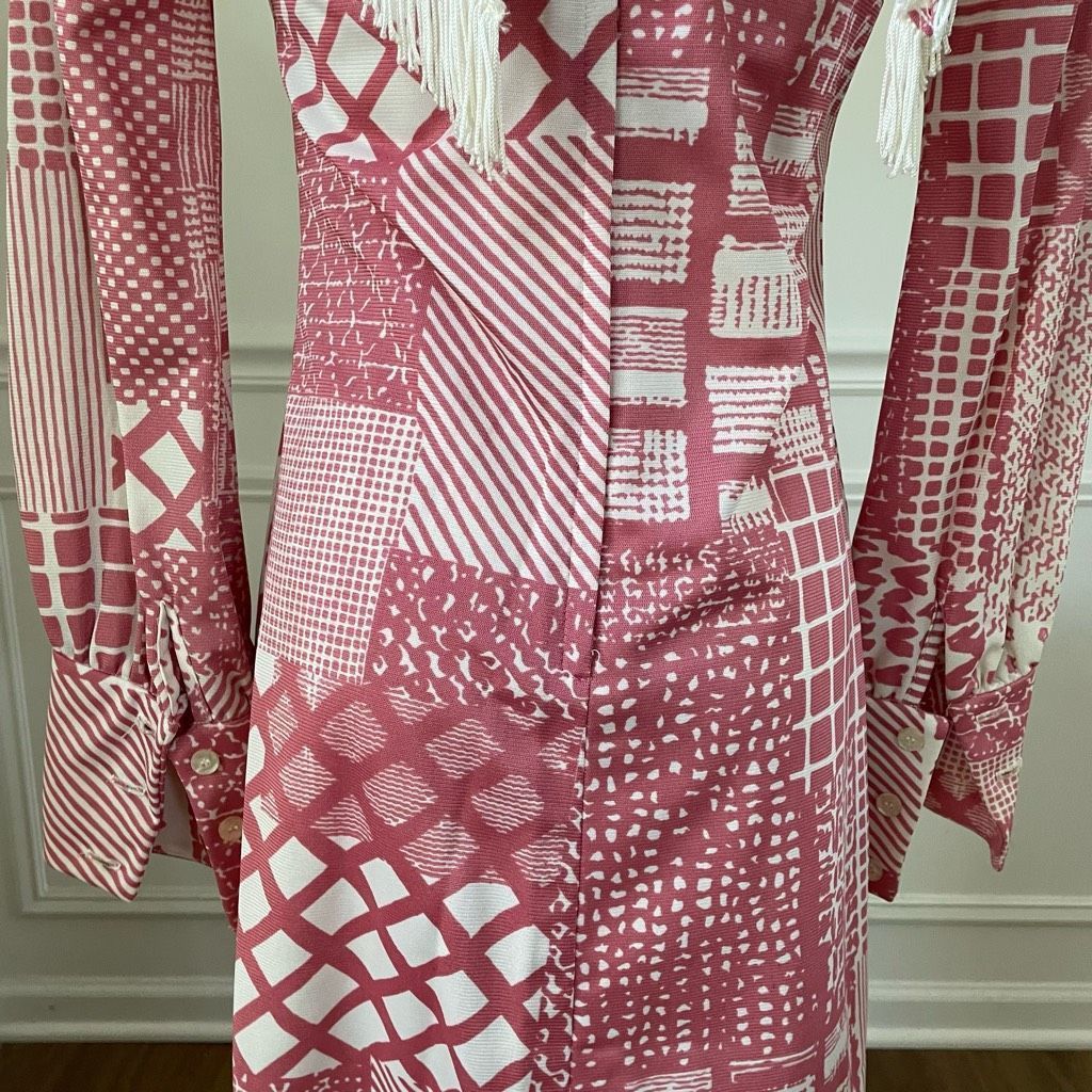 Vintage 70s Mauve Pink White Retro Print Shift Dress Scarf X