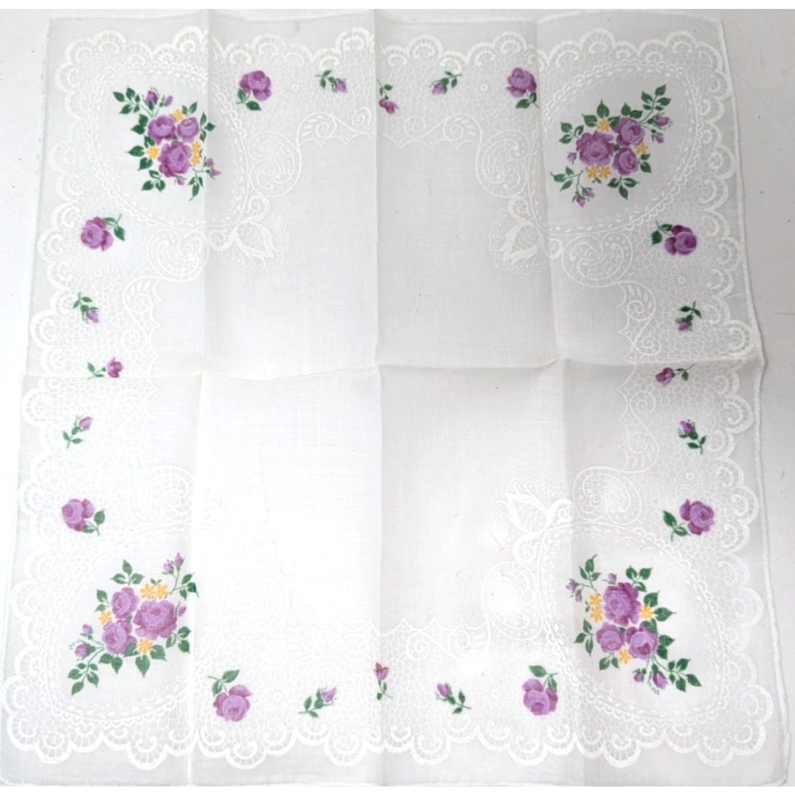 Vintage VTG White Purple Rose Floral Flowers Faux Lace Formal Sheer Handkerchief Hankie Women's Hankie Medical/Nurse? Size ONE SIZE - 2 Thumbnail