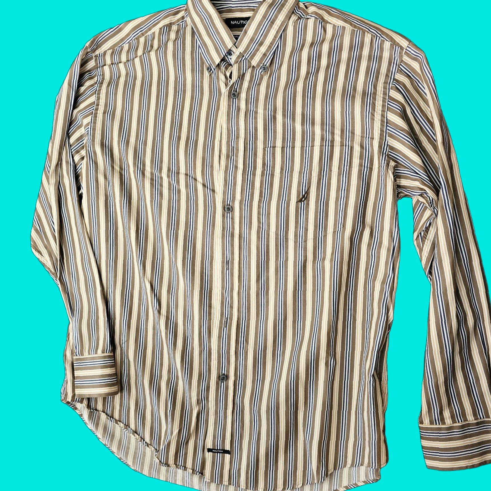Nautica Nautica Button-Down Shirt Men's Large Brown Tan Stripe Traveler Twill Cotton Size US L / EU 52-54 / 3 - 1 Thumbnail