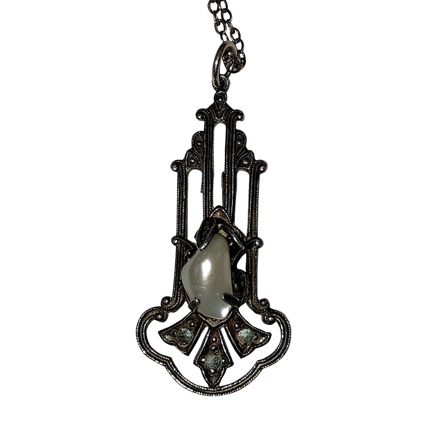 ArtDeco Silver Pave Marcasite Natural Pearl Pendant Necklace