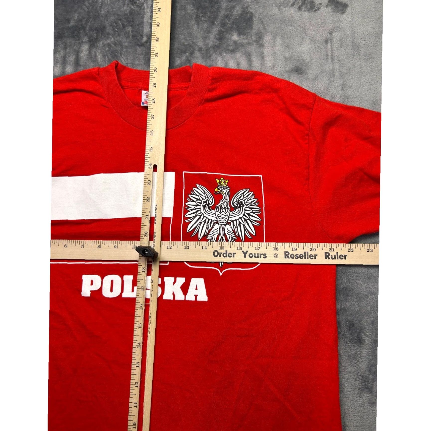 Fruit Of The Loom VINTAGE Poland Polska T Shirt Large Fruit of the Loom USA Made Flag Graphic Shirt Mens L Red 90s Patriotic USA Crest Flag Size US L / EU 52-54 / 3 - 6 Thumbnail